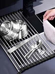 水槽折叠不锈钢沥水架厨房多功能碗盘蔬菜水果收纳沥水帘 - 彩色 - 查看 9