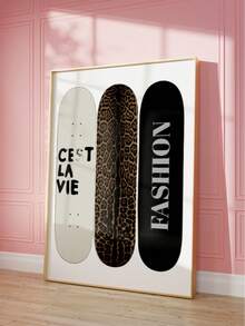 1pc Frameless Fashion Skateboard Wall Decor, Leopard Print, "C'est La Vie" Text, Modern Street Style Poster, Elegant Wall Decoration, Suitable For Living Room, Bedroom, Dorm, Apartment, Party, Gift, Back To School Season - Multicolor - View 2