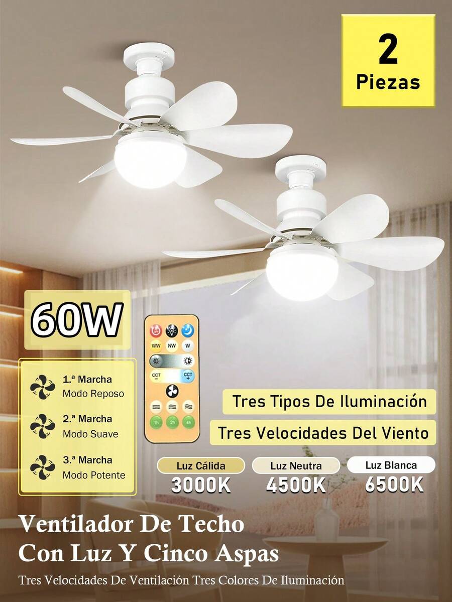 Ventilador Lámpara LED 60 Watts Alta Potencia e Iluminación Abanico con Socket  Grados Multifuncional con 3 Tipos de Iluminación Luz Blanca Fría, Luz Neutra y Luz Cálida Control Remoto