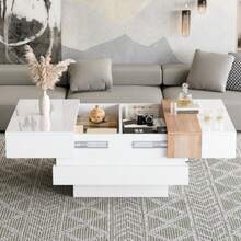 Mesa auxiliar de alto brillo de 70*70*39 cm con tablero extensible, mesa de centro cuadrada con almacenamiento oculto y divisores, blanco + color primario - Blanco - Ver 4