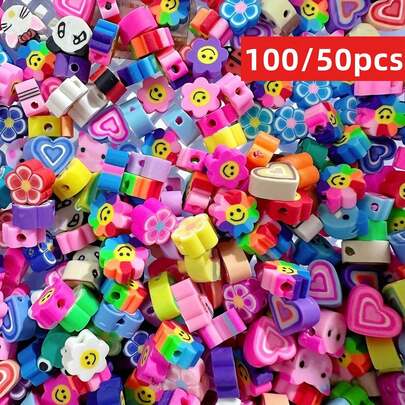 Yiwu Qiyou Accessories Co., LTD 100/50 piezas Cuentas de arcilla redondas y vibrantes de estilo aleatorio - Patrones surtidos de animales, corazones y flores para hacer joyas DIY - Suministros de manualidades perfectos ideales para crear pulseras, collares, aretes y dijes únicos, cadena para teléfono móvil de señoras