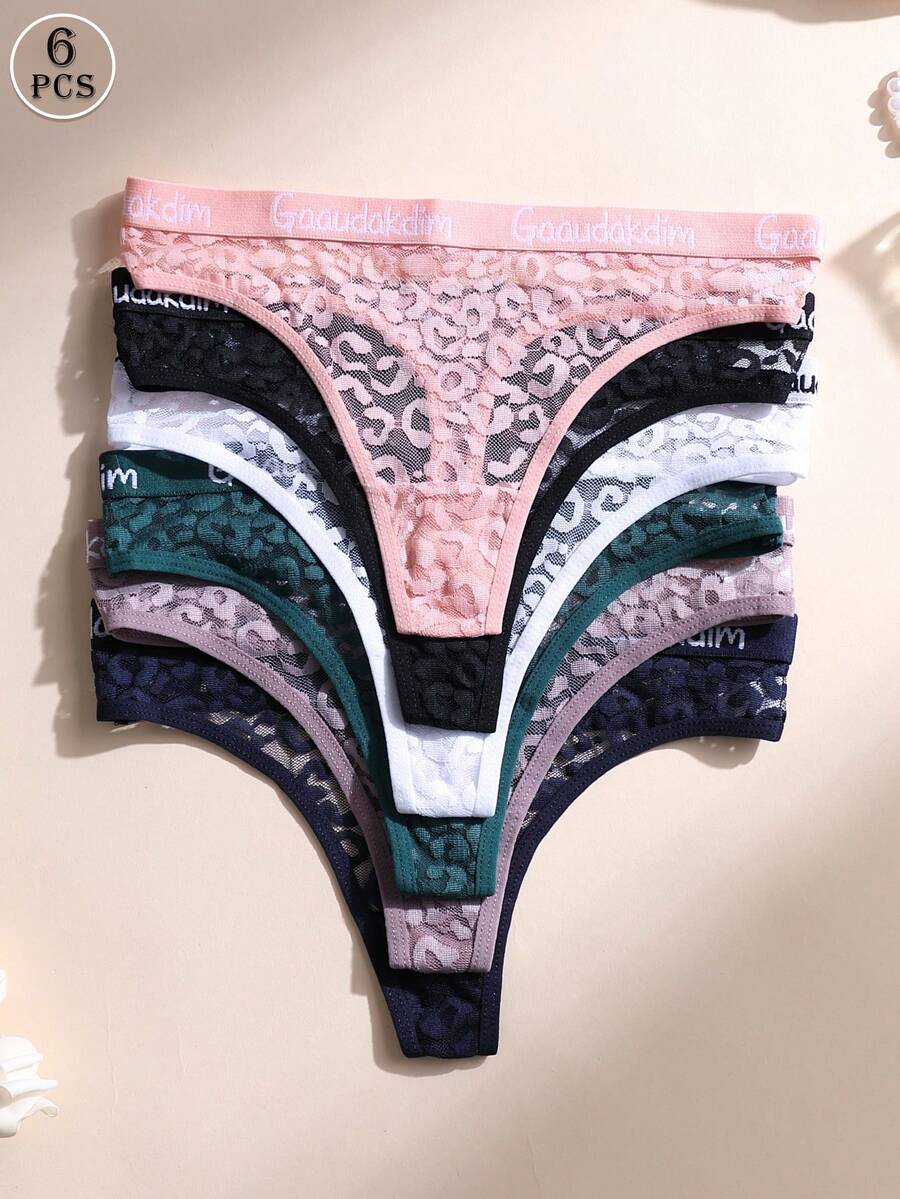 6 PCS Women's Sexy Lace Thong Low Waist Seamless Panties Letter Belt Briefs Comfortable And Breathable Lingerie Underwear - Multicolor - View 1