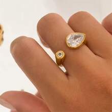 VKHK 1pc Luxury 18K Gold Plated Stainless Steel Sparkling Zirconia Water Drop Decor Single Ring, Suitable For Women Wedding Wear & Gift - Diamond Ring - View 1