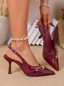 Giày cao gót nữ thanh lịch, gợi cảm, màu trơn, thích hợp đi làm, dự tiệc, chất liệu da PU, khóa cài, màu đen bóng, sandal gót thấp. - Màu Đỏ Sâu - Xem 5