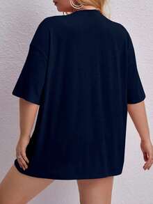 Oversized Printed Aloha Flower T-Shirt, Summer/Spring Short Sleeve Blouse, Lightweight Gym Wear - Navy Blue - View 2