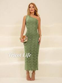 Women's Long Party Dress, Modal Knit, One-Shoulder Neckline, New Year's Eve/Christmas Dress, White/Red Knit - 橄欖綠 - 查看 1