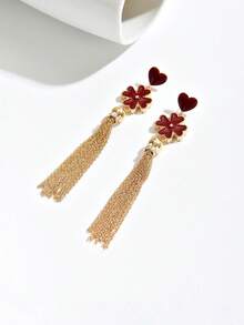 1 Pair Fashionable, Elegant & Sexy Chinese Style Red Heart Stud, Red Flower & Golden Tassel Glass Rhinestone Earrings, Suitable For Party, Banquet, Holiday, Valentine's Day, Thanksgiving, Birthday Gift - Multicolor - View 4