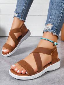 Women's Platform Wedge Sandals, Fashion Criss-Cross Elastic Band, Elegant Luxury Sexy Party Sandals, Lightweight Casual Beach Versatile High Heel Sandals - Brown - View 3