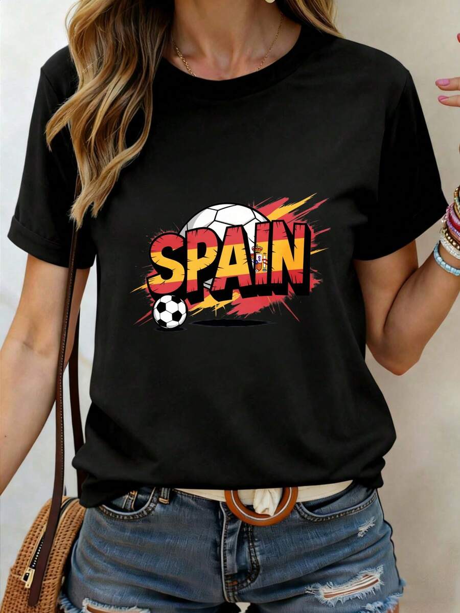 Sports Event Printed T-Shirt Spain Football Soccer T Shirt Women Spain National Team Fan Apparel White Cotton V Neck Tee For Sports Events And Casual Wear Suitable For Sports Activitiesholiday Partiesoutingssports - 白色 - 查看 1