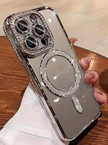 1个银色2026奢华水钻手机壳，兼容 17 AIR 16 15 14 13 12 11 Pro Max Plus 16E，磁吸式透明镜头保护