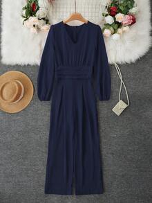 1pc Solid Color Woven Fabric Jumpsuit With Zipper Pockets, Suitable For Vacation, Holiday, Wedding, Birthday Party, Daily Wear, All Seasons - Navy Blue - View 2