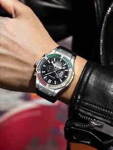 Reloj de hombre de marca MSCXDK, correa de silicona, esfera decorada con cristales, reloj deportivo militar casual (sin caja) - Plateado - Ver 4