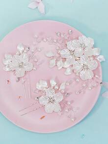 3件套 女士花朵水晶梅花发夹 新娘婚礼发饰 - 銀色 - 查看 4