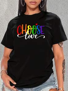 Valentines Day LGBT Choose Love Couple LGBT Rainbow T-Shirt Print Crew Neck T-Shirt, Women Graphic T Shirts, Casual Short Sleeve T-Shirt For Spring & Summer, Women's Clothing - 黑色30 - 查看 1