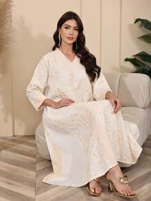 2026 New Style Ramadan Traditional Elegant V-Neck Jalabia Dress For Women - Apricot - View 8