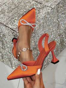 女士尖头水钻蝴蝶结后跟带细高跟鞋，优雅时尚，百搭舒适高跟鞋 - 橘色 - 查看 1