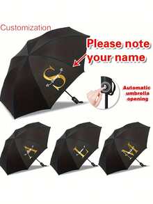 Personalized Automatic Umbrella With Name/Letter, 8-Rib Folding Umbrella, Customizable Logo, One-Button Operation, Portable Travel Umbrella, Black Canopy, Gold Letter, Luxury Version, Travel Essential, Sun And Rain Dual-Use, Full Automatic UV Protection, Thickened Canopy, Unisex, Windproof Compact Folding Umbrella - Multicolor - View 5