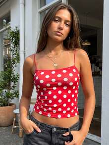 Women Camisole, Sleeveless Tops Dots Print Slim Fit Summer Vest Streetwear For Party Club Women's Black  White Large Polka Dot Spaghetti Strap Tank Top - Fitted Cropped Hem Stretchy Fabric Minimalist Versatile Casual Daily Wear(S-L) - 紅色 - 查看 5