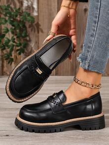2026 Spring New Thick Heel Loafers For Women, Casual Leather Shoes Suitable With Dresses, Versatile - Black - View 1