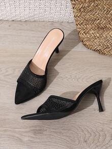 Women's Elegant Mesh Fabric Breathable Black Rhinestone Pointed Toe High Heel Sandals, Versatile Fashion Minimalist Summer New Stiletto High Heel Slippers, Suitable For Party, Office And Daily Wear - Black - View 7