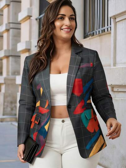 HOMEYEE Sacou mărime plus cu imprimeu floral, stil vintage elegant și casual, potrivit pentru toate anotimpurile, afaceri, naveta, stațiune