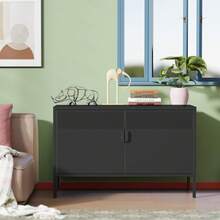 Black Wide Metal Locker Storage Cabinet, 2 Door Accent Cabinet For Home And Office, 2 Tier Low Metal Cabinet With Doors And Shelf, Multipurpose TV Stand - 黑色 - 查看 5