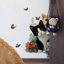 1 件趣味三猫墙贴 - 彩色花朵和蝴蝶图案，可移除自粘墙贴，易于清洁，适用于浴室、卧室、客厅的家居装饰 - 经典动物纹样设计，趣味十足，装饰性强 - 彩色 - 查看 8