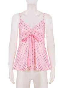 时尚甜美可爱波点印花蝴蝶结吊带背心，女士V领无袖露脐上衣，Y2K街头风修身款，夏季休闲粉色 - 粉色 - 查看 6