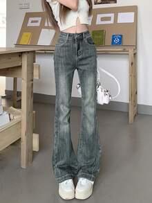 High Waist Washed Blue Flare Jeans For Women, Slim Fit, Spring & Autumn - Light Wash - View 1