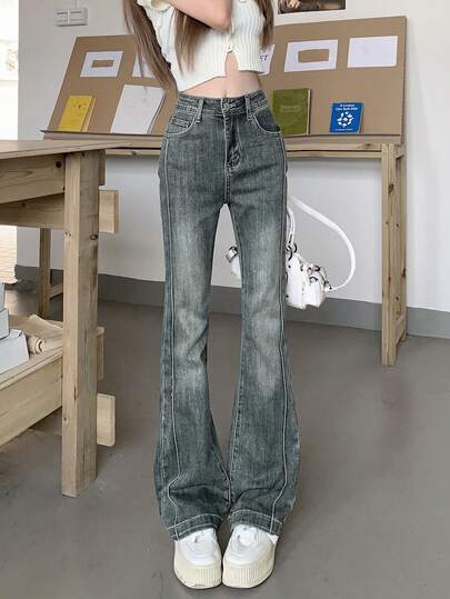 High Waist Washed Blue Flare Jeans For Women, Slim Fit, Spring & Autumn