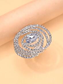 1pc Fashionable Flower Ring With Sparkling Rhinestones, Open-Ended Ring Jewelry - Silver - View 6