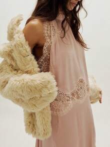 Women Satin Skirt Set Lace Trim Mock Neck Backless Tops Asymmetry Hem Maxi Skirt Y2k Silky Going Out Outfits - 粉色 - 查看 4