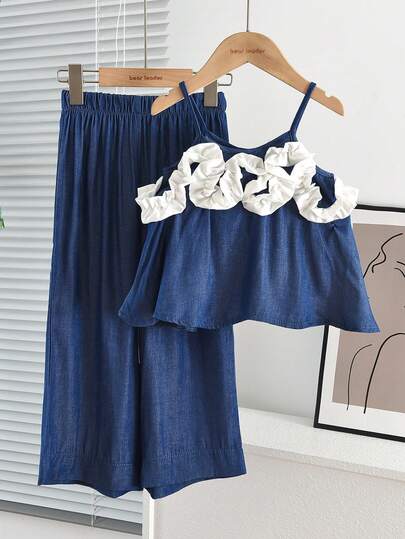 2pcs/Set Fashionable Denim Style Sleeveless Top Paired With Navy Wide Leg Pants, Casual Outfit For Teens