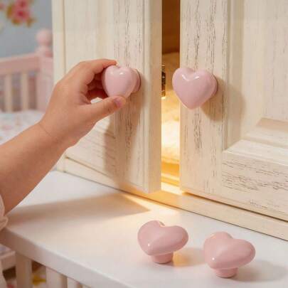 Bộ 2 tay nắm hình trái tim bằng gốm sứ, bề mặt kim loại được đánh bóng, tay nắm ngăn kéo hình trái tim màu hồng, thích hợp cho tủ, đồ nội thất và tủ giày.