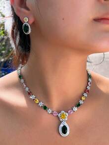 1 套流行多色方晶锆石花朵首饰套装，镀银女士椭圆形 CZ 吊坠耳环和项链，适合婚礼、订婚、宴会、派对、舞会，送给新娘、女友、妻子、圣诞节的礼物 - 彩色 - 查看 3