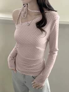 阳光少女风粉色波点针织长袖上衣，韩版纯粹欲望风格，单肩蝴蝶结系带，适合夏季情人节、居家休闲或日常通勤穿着。 - 粉色 - 查看 8