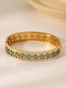 1pc Vintage Enamel Crafted Navy Blue Oil Drop Floral Gold Bangle Bracelet, Inlaid With Rhinestones, 18K Gold Plated Stainless Steel, Bohemian , Suitable For Women's Festivals, Daily Wear, Parties, Weddings, And As Gifts - Royal Blue - View 4