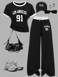 Tween Girls' Letter Print Round Neck Short Sleeve T-Shirt And Pants Casual Outfit - Black - View 1