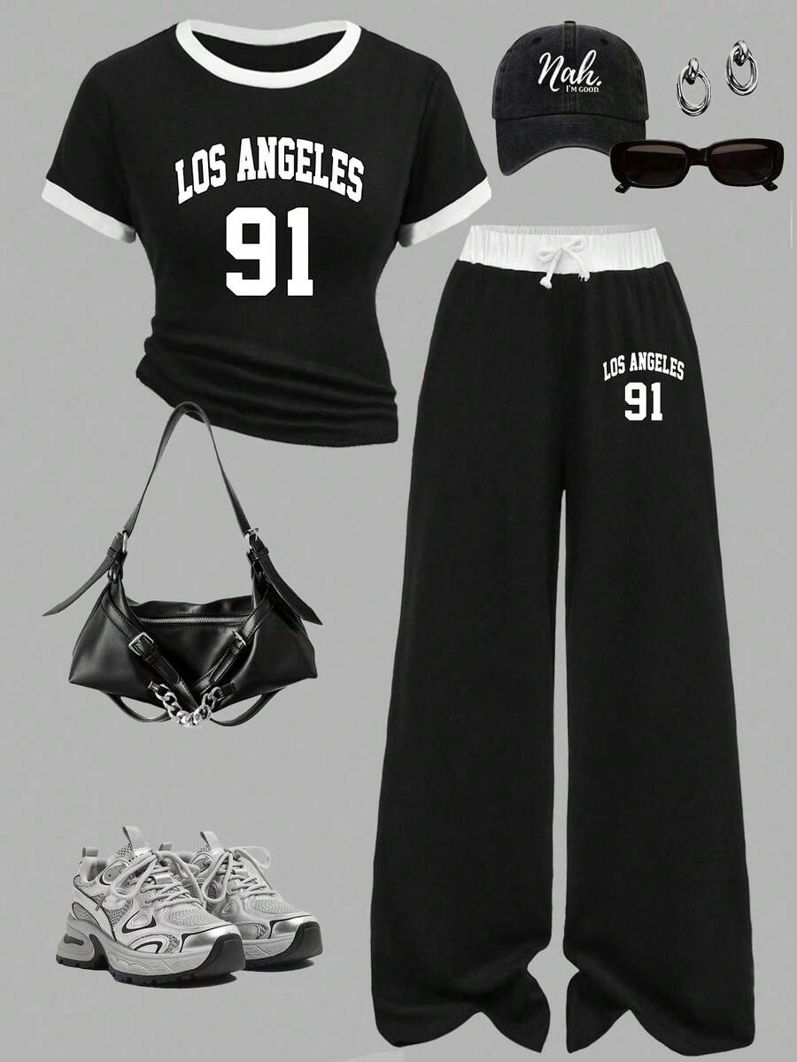 Tween Girls' Letter Print Round Neck Short Sleeve T-Shirt And Pants Casual Outfit - Black - View 1