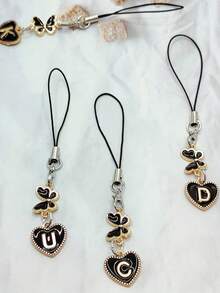 1pc Metal Heart & English Letter A-Z Pendant Phone Lanyard, Black Vintage Style A-Z Letter & Elegant Butterfly Phone Charm