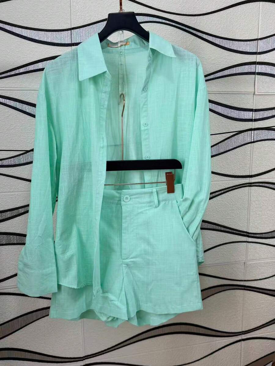 Linen Shirt And Shorts Set (2 Pieces) - Mint Green - View 1