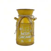 Turmeric-Colored Metal Decorated Milk Jar Vase, Vintage Distressed Iron With Jute Rope Tie, Printed With "Hello Sunshine" Text And Floral Pattern, Brings Fresh And Vibrant Atmosphere. Can Be Used As A Vase For Spring Branches And Dried Flowers, Or As A Storage Jar, Suitable For Desk, Windowsill Decor, Spring Home And Store Display. - Yellow Double-handled Milk Jug - View 8