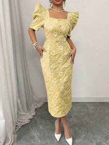 Spring/Summer Puff Sleeve Pearl Decor Button Long Jacquard Texture Dress, Elegant Lady Style, Yellow, Suitable For Daily, Date, Wedding - Yellow - View 4