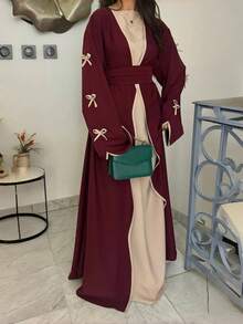 SuofeiMan Plus Size New Middle Eastern Fashion Simple Bow Abaya, Burgundy Solid Color Casual Soft Comfortable Robe & Includes Inner Lining, Belt, Suitable For Festivals, Daily Wear, 2 Pieces Set