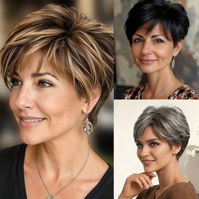 P4/27 高光精灵短发假发，带刘海，6英寸，150%密度，直发造型，适合女性，混合灰白发色，1B层次感直发，巴西原生发，无胶假发，完美适用于音乐节、母亲节、狂欢节、情人节、万圣节、万圣节、圣诞节、角色扮演、春夏秋冬等各种场合。