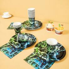 Blue & Green Lightning Gamer Birthday Party Disposable Plates, Napkins, Cups, Tablecloth And Banner Set, Serves 16 Guests, Suitable For Birthday, Wedding, Theme Party, Family Picnic - Multicolor - View 4