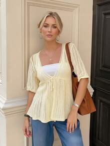 女装夏季新款宽松休闲镂空前系带针织开衫简约低胸短袖钩针网眼防晒上衣