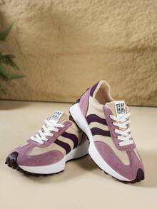 Women's Low-Top Platform Sneakers, Lace-Up Round Toe, Casual Style, Shock-Absorbing Rubber Sole, All-Season, Faux Leather & Fabric Upper, Suitable For Jeans, Dresses And Office Wear - Purple - View 6