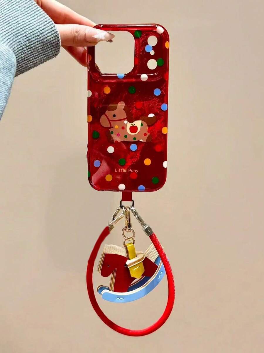 New Year INS Red Foil Texture Colorful Polka Dot Horse Lanyard Suitable For IPhone 17 Pro Max Phone Case, Apple 15 Pro New 14 Creative 13 Women's 16 High-End Anti-Fall Protective Cover - Red - View 1