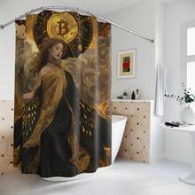 Bitcoin Inspired Goddess Shower Curtain, Black Gold Crypto Angel Bathroom Decor, Baroque Digital Currency Art For Crypto Lovers Printed USA - Nhiều màu - Xem 2